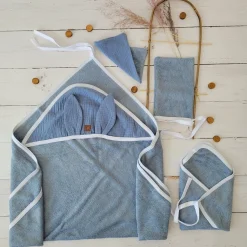 Bambusowy komplet kąpielowy dla niemowlaka: okrycie, ręczniczek oraz myjki - jeans