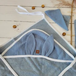 Bambusowy komplet kąpielowy dla niemowlaka: okrycie, ręczniczek oraz myjki - jeans
