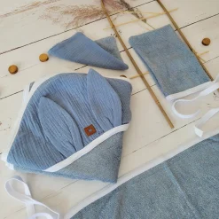 Bambusowy komplet kąpielowy dla niemowlaka: okrycie, ręczniczek oraz myjki - jeans