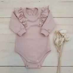 Bawełniane rosnące body z falbanką dla dziewczynki 56-86 dusty pink