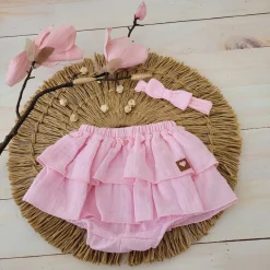 Bloomersy+opaska 2 cz muślinowy komplet lato 56-86 różowy blush