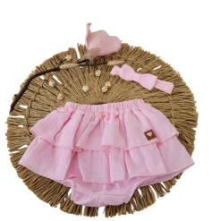 Bloomersy+opaska 2 cz muślinowy komplet lato 56-86 różowy blush