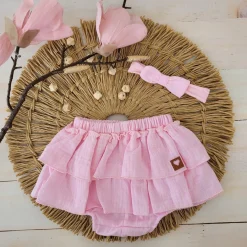 Bloomersy+opaska 2 cz muślinowy komplet lato 56-86 różowy blush