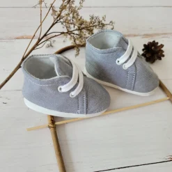 Buciki niemowlęce wiązane chrzest wkładka 9-12cm szare