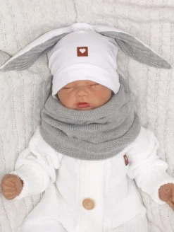 Czapka niemowlęca dresowa z uszkami królika + tuba zestaw biało-szary