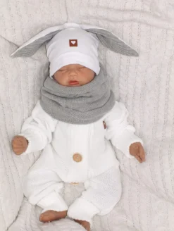 Czapka niemowlęca dresowa z uszkami królika + tuba zestaw biało-szary