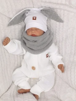Czapka niemowlęca dresowa z uszkami królika + tuba zestaw biało-szary