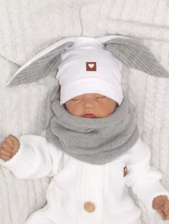 Czapka niemowlęca dresowa z uszkami królika + tuba zestaw biało-szary