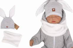 Czapka niemowlęca dresowa z uszkami królika + tuba zestaw szaro-biały