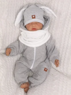 Czapka niemowlęca dresowa z uszkami królika + tuba zestaw szaro-biały