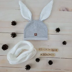 Czapka niemowlęca dresowa z uszkami królika + tuba zestaw szaro-biały