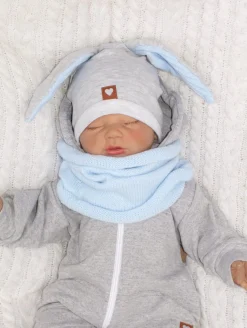 Czapka niemowlęca dresowa z uszkami królika + tuba zestaw szaro-niebieski