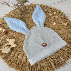 Czapka niemowlęca dresowa z uszkami królika + tuba zestaw szaro-niebieski