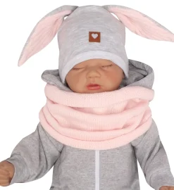 Czapka niemowlęca dresowa z uszkami królika + tuba zestaw szaro-różowy