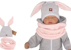 Czapka niemowlęca dresowa z uszkami królika + tuba zestaw szaro-różowy