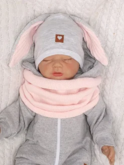 Czapka niemowlęca dresowa z uszkami królika + tuba zestaw szaro-różowy