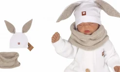 Czapka niemowlęca dresowa z uszkami królika + tuba zestaw biało-beżowy