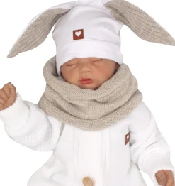 Czapka niemowlęca dresowa z uszkami królika + tuba zestaw biało-beżowy