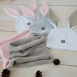Czapka niemowlęca dresowa z uszkami królika + tuba zestaw biało-różowy