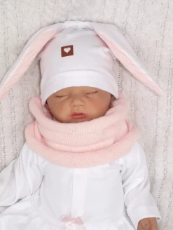 Czapka niemowlęca dresowa z uszkami królika + tuba zestaw biało-różowy
