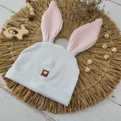 Czapka niemowlęca dresowa z uszkami królika + tuba zestaw biało-różowy