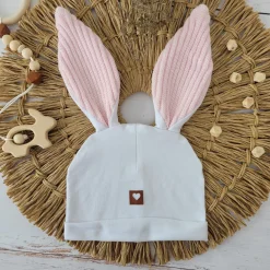 Czapka niemowlęca dresowa z uszkami królika + tuba zestaw biało-różowy