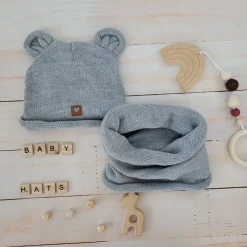 Czapka niemowlęca włóczkowa z uszkami + tuba szara