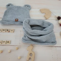 Czapka niemowlęca włóczkowa z uszkami + tuba szara