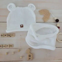 Czapka niemowlęca włóczkowa z uszkami + tuba biała