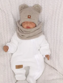 Czapka niemowlęca włóczkowa z uszkami + tuba piaskowa
