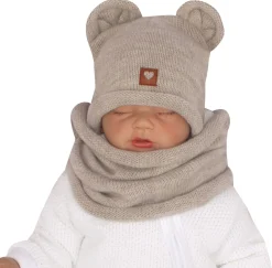 Czapka niemowlęca włóczkowa z uszkami + tuba piaskowa
