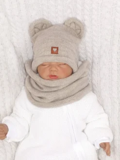 Czapka niemowlęca włóczkowa z uszkami + tuba piaskowa