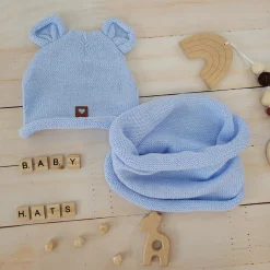 Czapka niemowlęca włóczkowa z uszkami + tuba niebieska