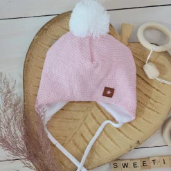 Czapka niemowlęca wiązana włóczkowa z pomponem 56(38)-86(48) różowa