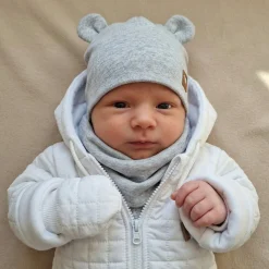 Czapka podwójna niemowlęca z uszkami+komin rozmiar 56-98 szara