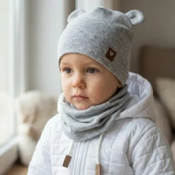 Czapka podwójna niemowlęca z uszkami+komin rozmiar 56-98 szara