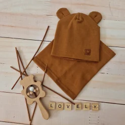 Czapka podwójna niemowlęca z uszkami+komin rozmiar 56-98 cynamonowa