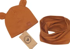 Czapka podwójna niemowlęca z uszkami+komin rozmiar 56-98 cynamonowa