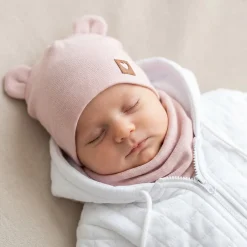 Czapka podwójna niemowlęca z uszkami+komin rozmiar 56-98 różowym