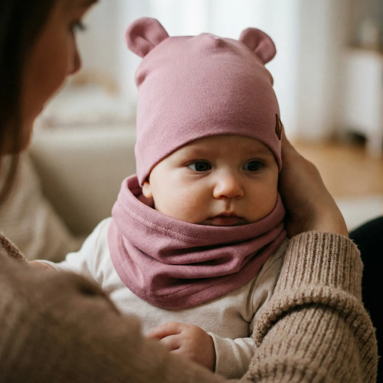 Czapka podwójna niemowlęca z uszkami+komin rozmiar 56-98 wrzosowa