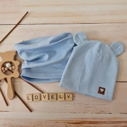 Czapka podwójna niemowlęca z uszkami+komin rozmiar 56-98 niebieskim