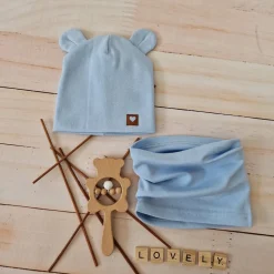 Czapka podwójna niemowlęca z uszkami+komin rozmiar 56-98 niebieskim