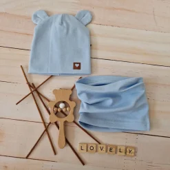 Czapka podwójna niemowlęca z uszkami+komin rozmiar 56-98 niebieskim