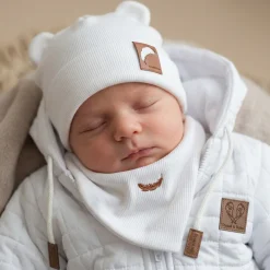 Czapka podwójna prążkowana niemowlęca z uszkami + apaszka rozmiar 56-98 biała