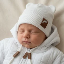 Czapka podwójna prążkowana niemowlęca z uszkami rozmiar 56-98 biała