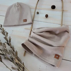 Czapka podwójna prążkowana niemowlęca + tuba rozmiar 56-110 piaskowa