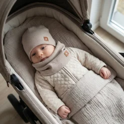 Czapka podwójna prążkowana niemowlęca + tuba rozmiar 56-110 piaskowa