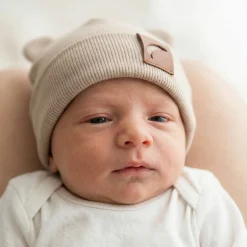 Czapka podwójna prążkowana niemowlęca z uszkami rozmiar 56-98 piaskowa