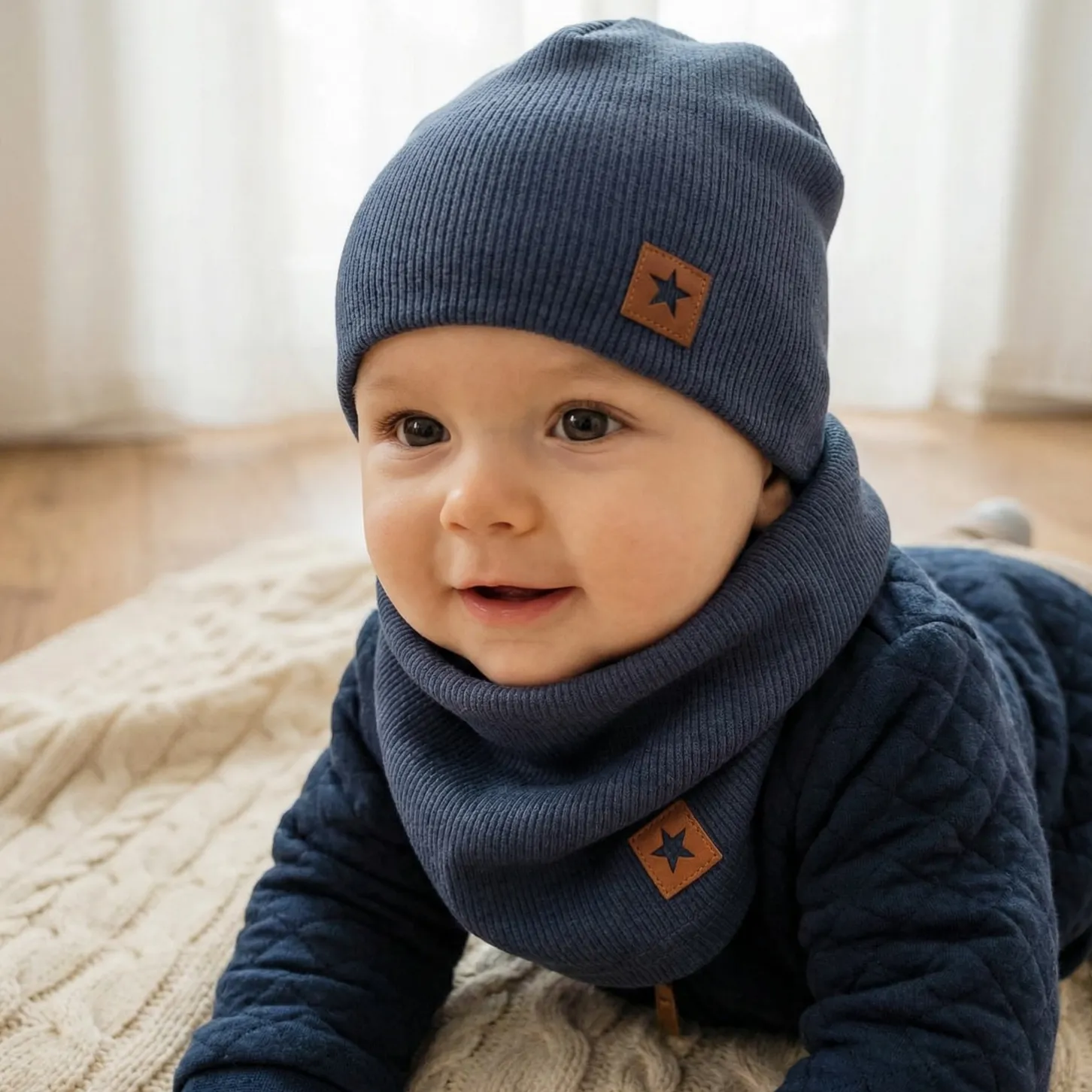 Czapka podwójna prążkowana niemowlęca + tuba rozmiar 56-110 navy blue