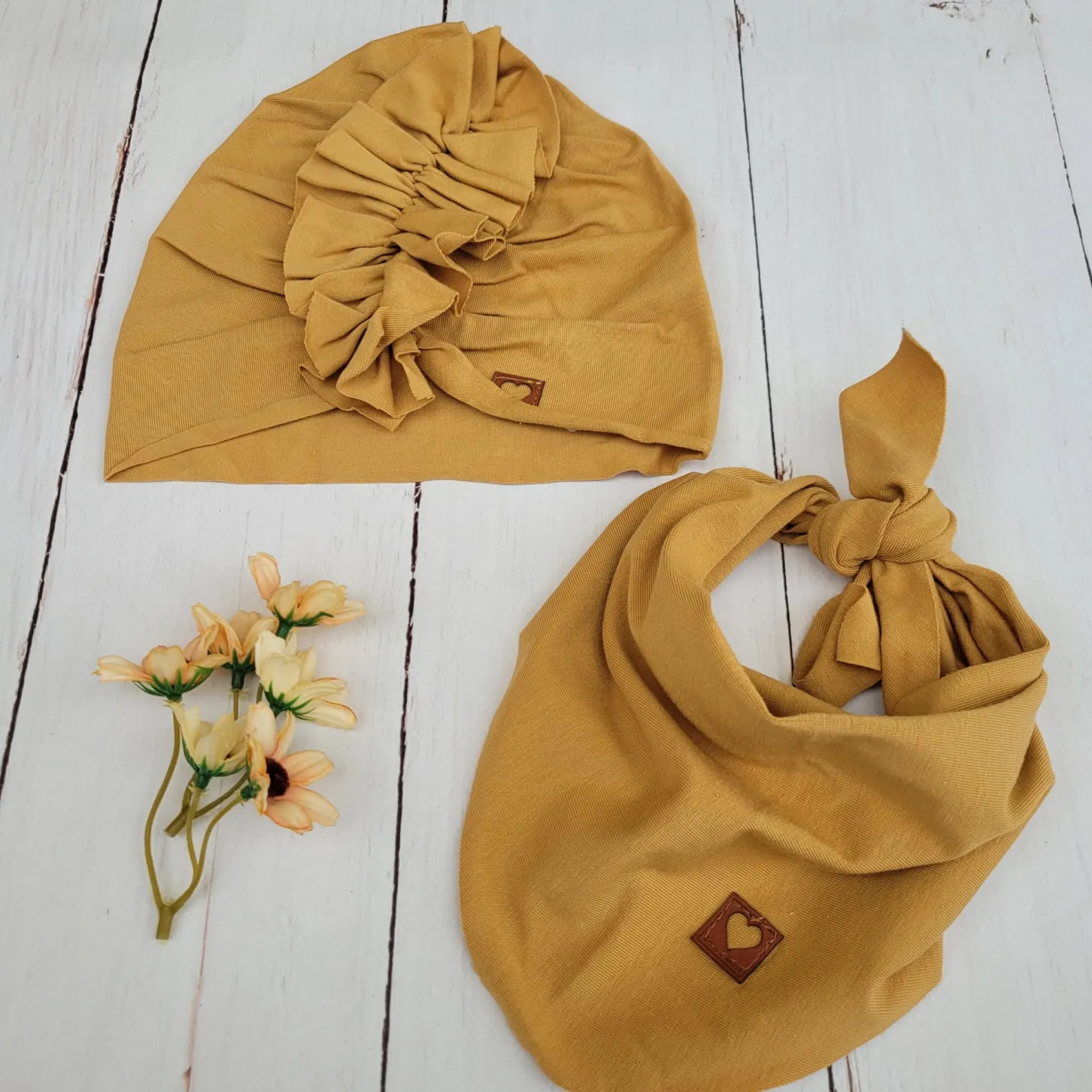 Czapka turban + chustka musztardowa ostatnia sztuka rozmiar 1-3 lat